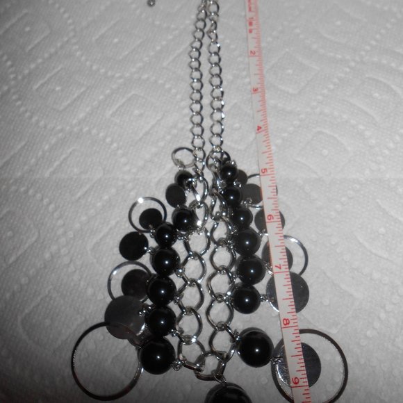 Vintage 90s Geometric Chunky Black and Silver Bib Statement Dangle Necklace - Picture 8 of 11